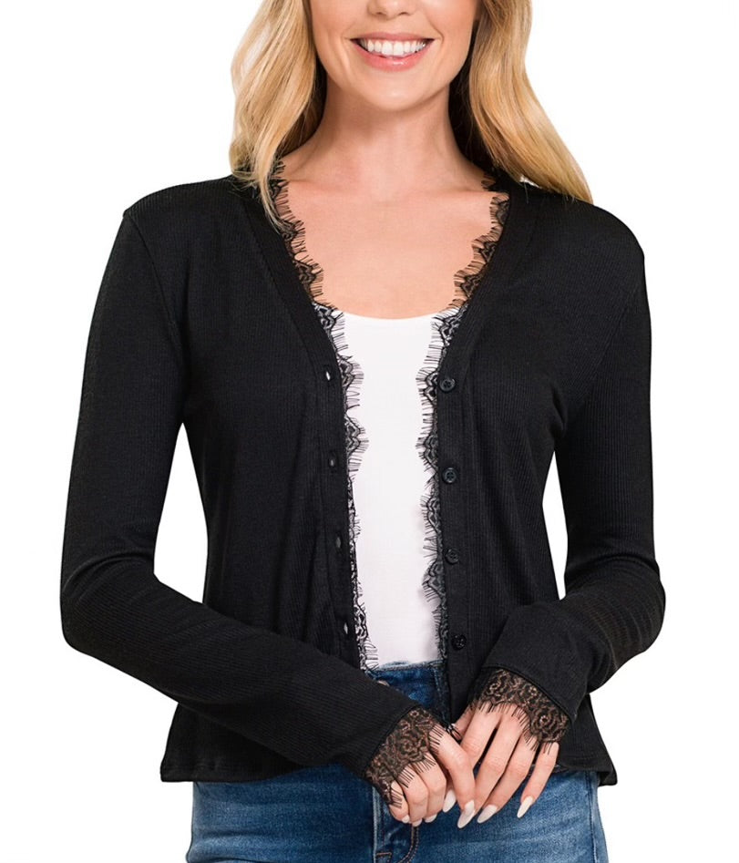 トップス andmary Lacey ribbon cardigan black Plus-Size-Lace-Trim-Button-