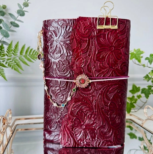 A5 Oxblood Embossed Floral Tri-fold Journal