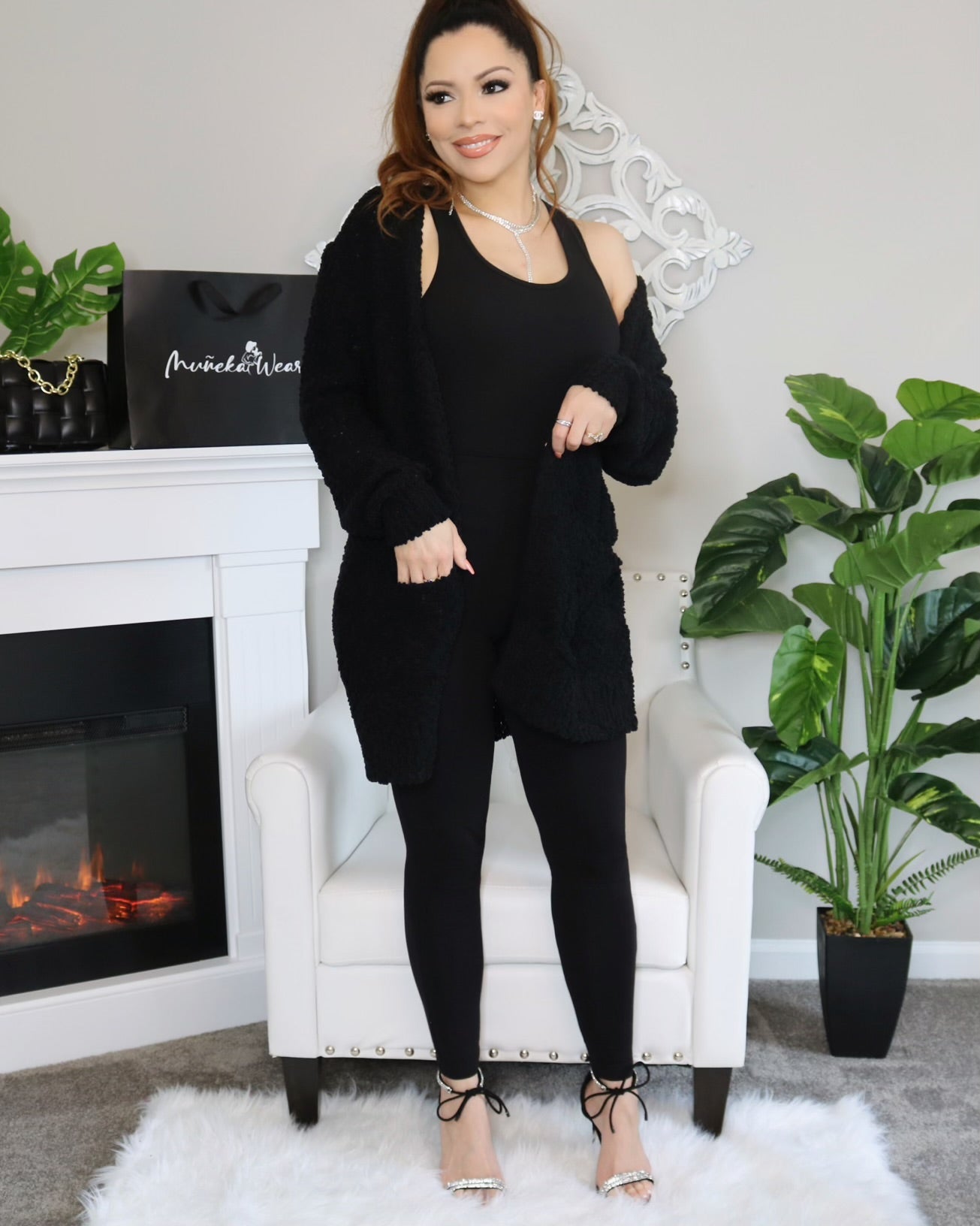 3pc Serenity Cardigan Set (Black) (Large) - Outfit Sets by MunekaWear