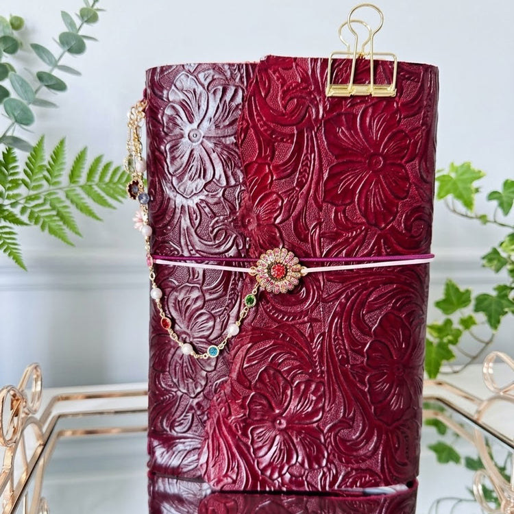 A5 Oxblood Embossed Floral Tri-fold Journal