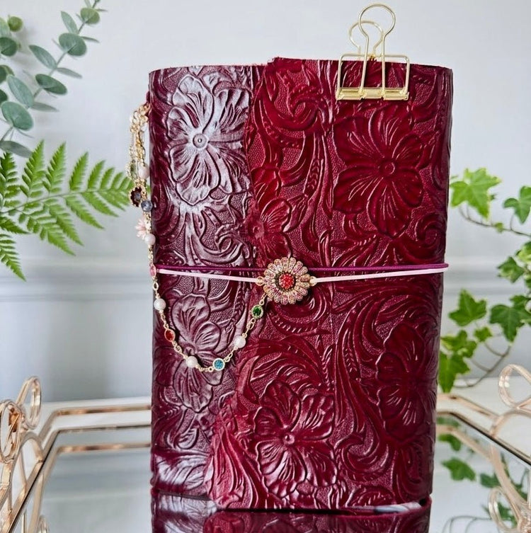 A5 Oxblood Embossed Floral Tri-fold Journal (Oxblood Embossed) - by MunekaWear