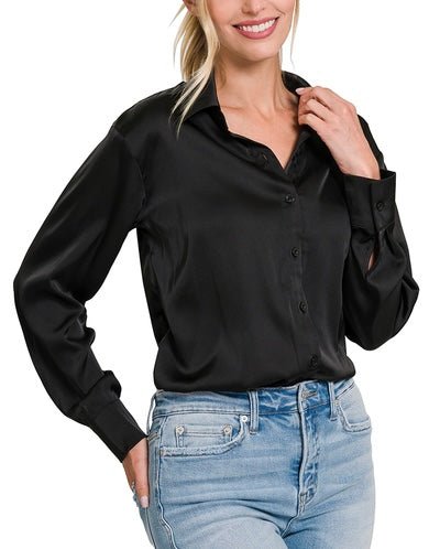 Anastasia Satin Blouse (Black) (Black) - Shirts & Tops by MunekaWear