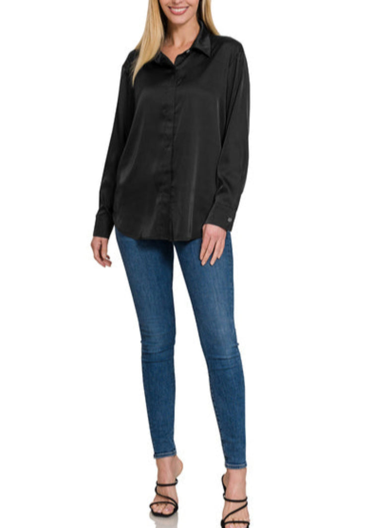 Anastasia Satin Blouse (Black) (Black) - Shirts & Tops by MunekaWear
