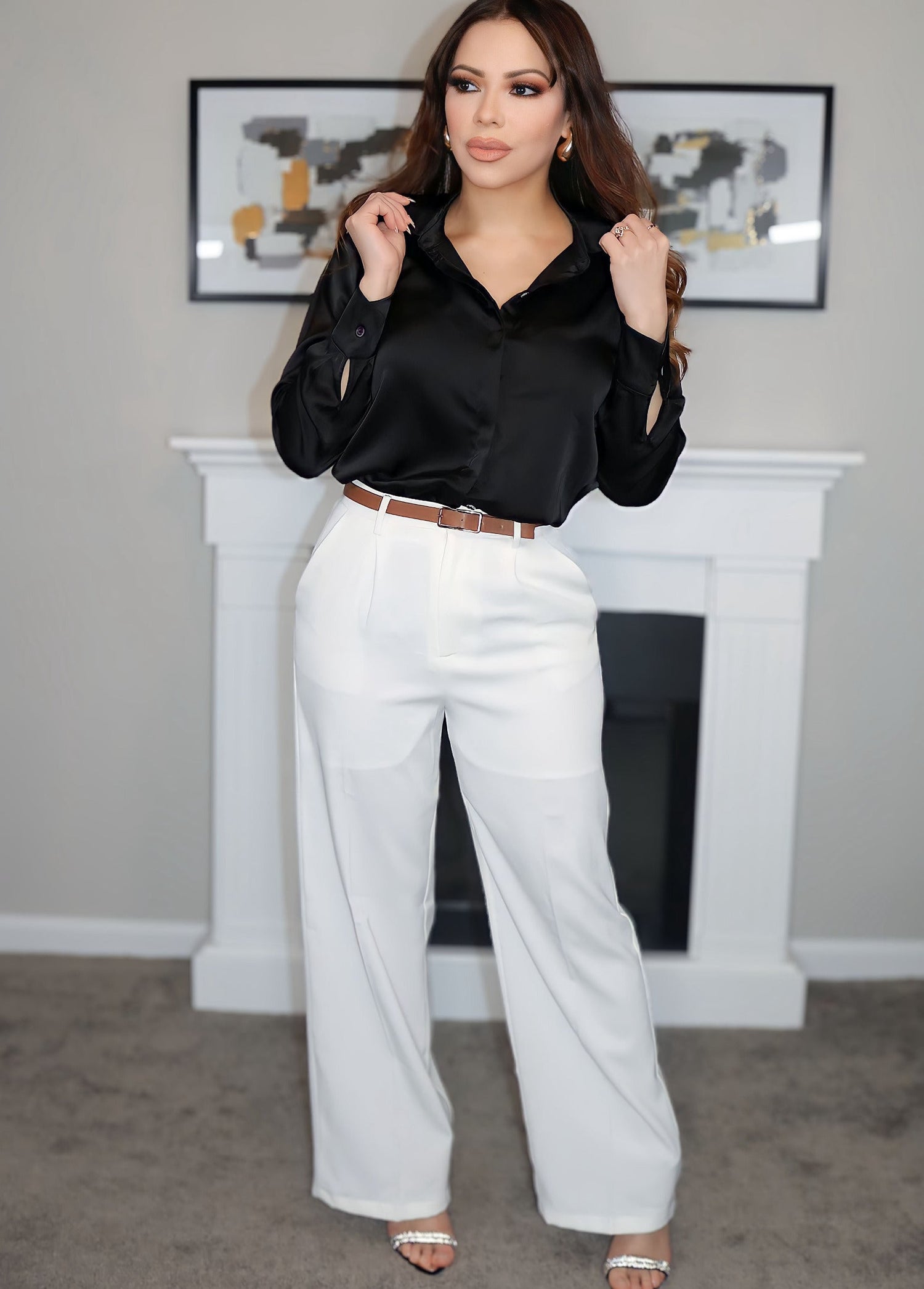 Anastasia Satin Blouse (Black) (Black) - Shirts & Tops by MunekaWear
