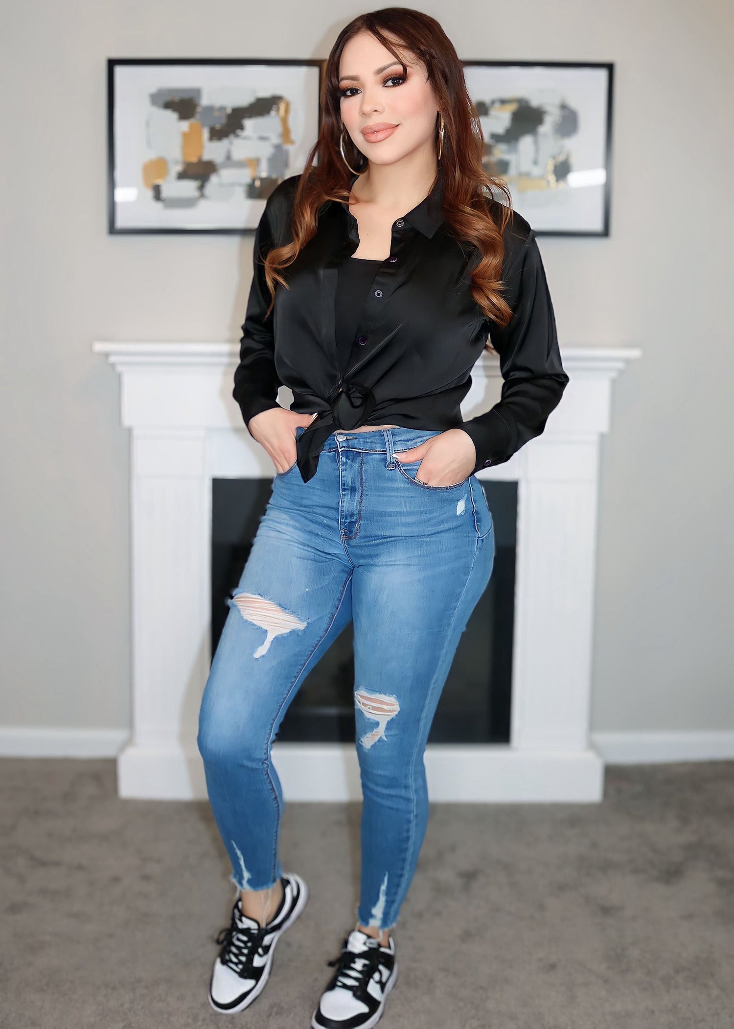 Anastasia Satin Blouse (Black) (Black) - Shirts & Tops by MunekaWear
