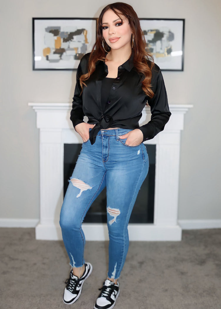 Anastasia Satin Blouse (Black) (Black) - Shirts & Tops by MunekaWear