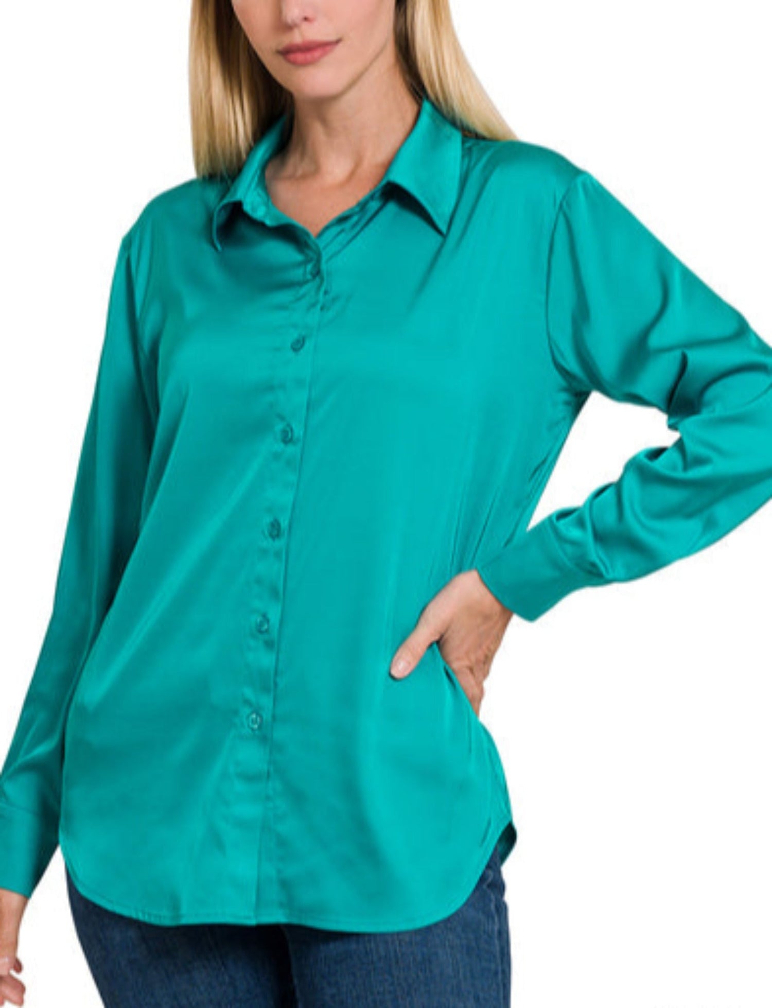 Anastasia Satin Blouse (Calypso Teal) (Calypso Teal) - Shirts & Tops by MunekaWear