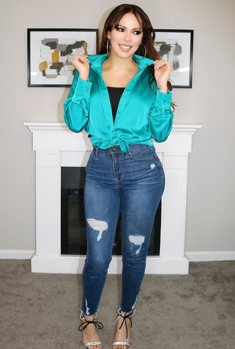 Anastasia Satin Blouse (Calypso Teal) (Calypso Teal) - Shirts & Tops by MunekaWear