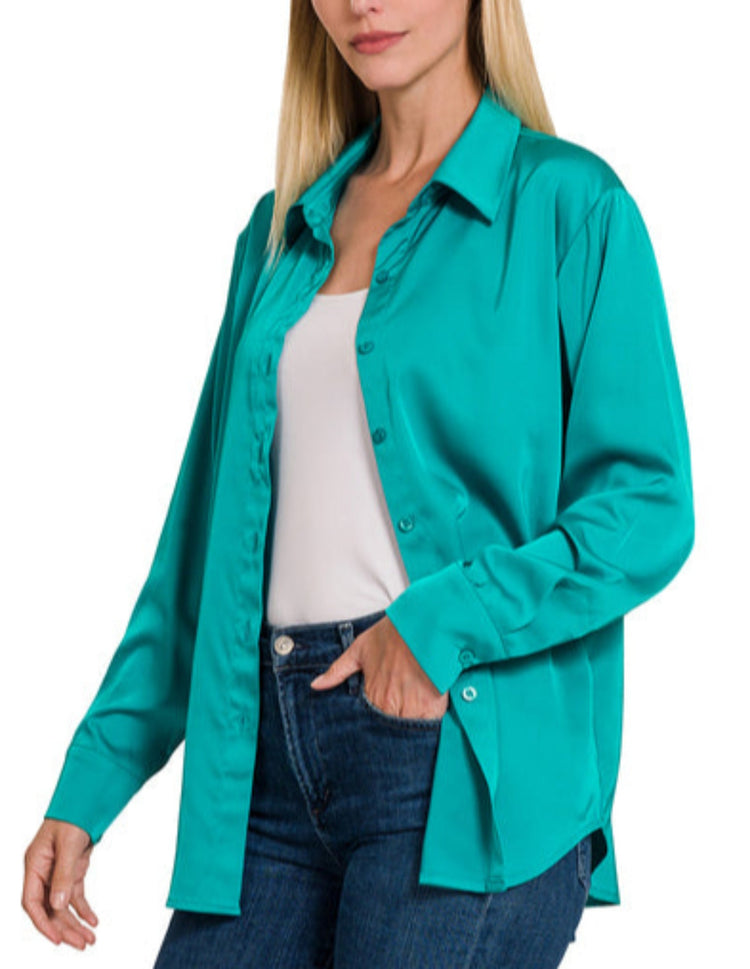 Anastasia Satin Blouse (Calypso Teal) (Calypso Teal) - Shirts & Tops by MunekaWear