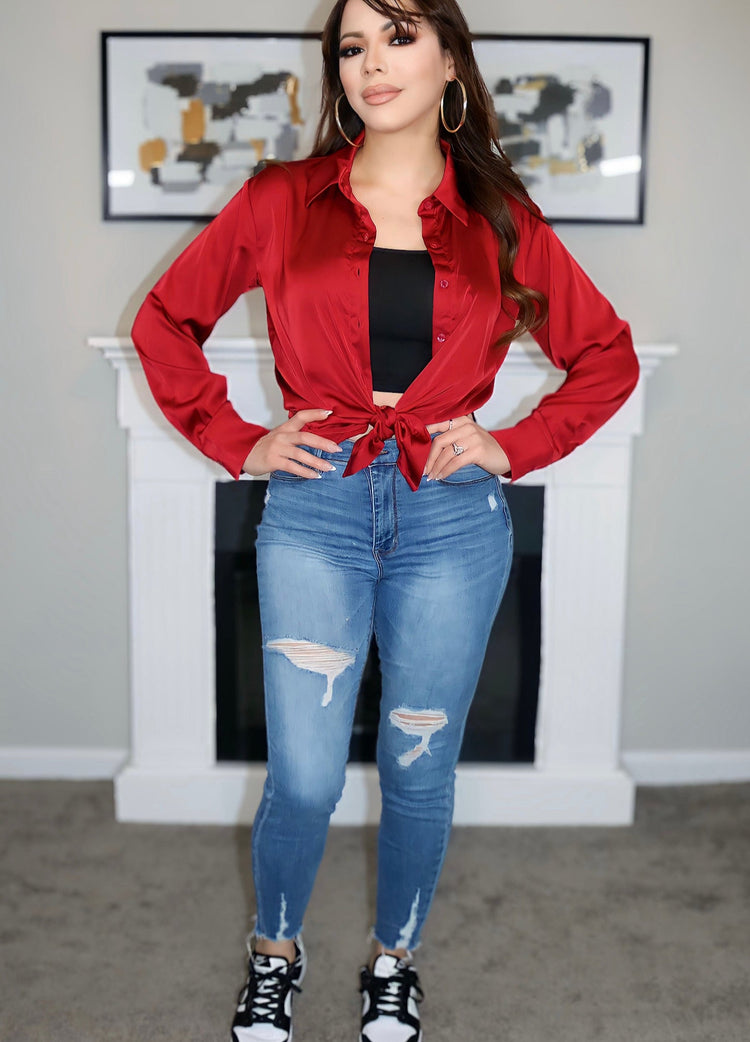 Anastasia Satin Blouse (Deep Red) (Small) - Shirts & Tops by MunekaWear