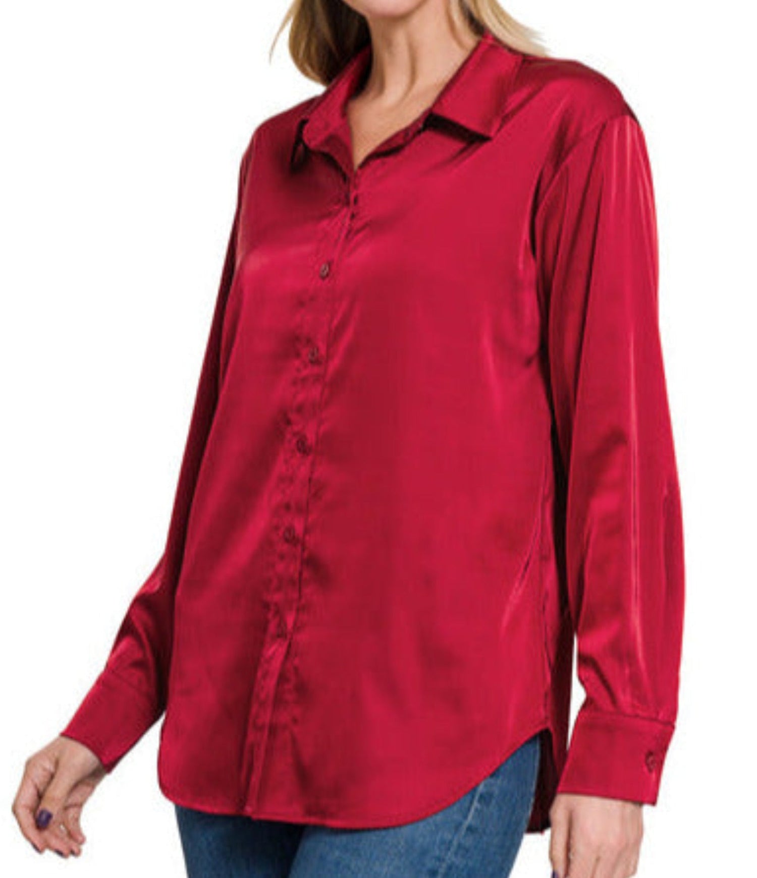 Anastasia Satin Blouse (Deep Red) (Small) - Shirts & Tops by MunekaWear