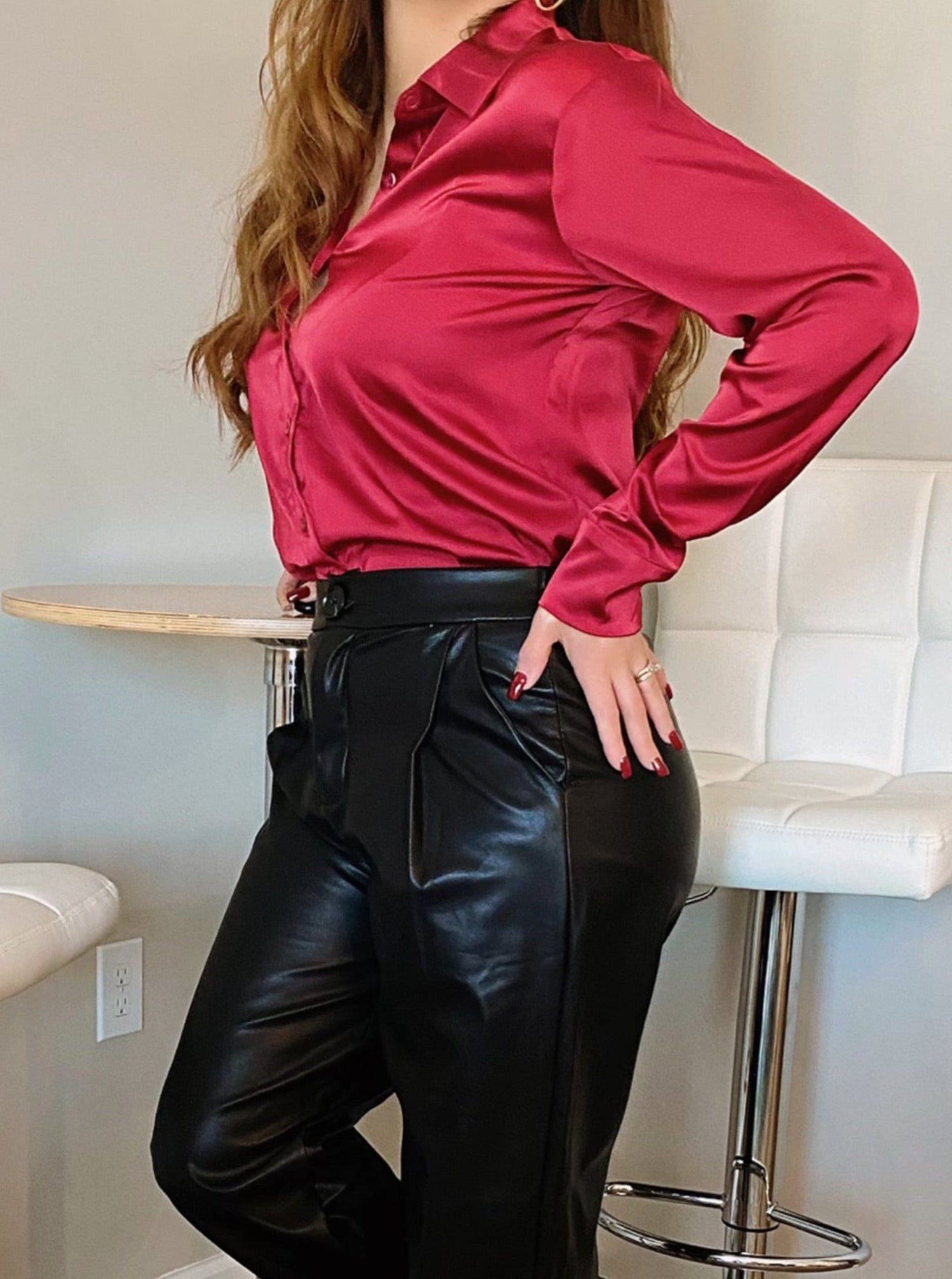 Anastasia Satin Blouse (Deep Red) (Small) - Shirts & Tops by MunekaWear
