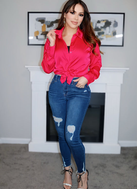 Anastasia Satin Blouse (Electric Rose) (Electric Rose) - Shirts & Tops by MunekaWear
