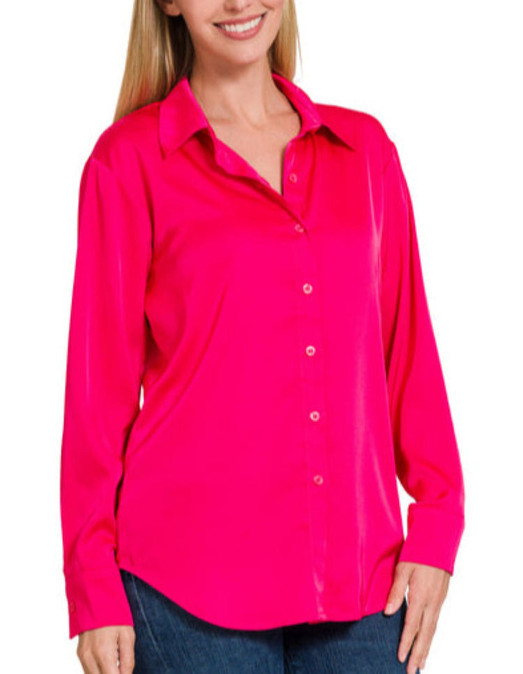 Anastasia Satin Blouse (Electric Rose) (Electric Rose) - Shirts & Tops by MunekaWear