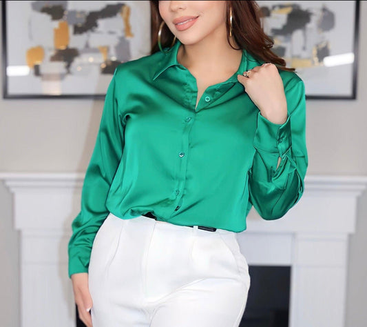 Anastasia Satin Blouse (Emerald Green) (Small) - Apparel & Accessories by MunekaWear