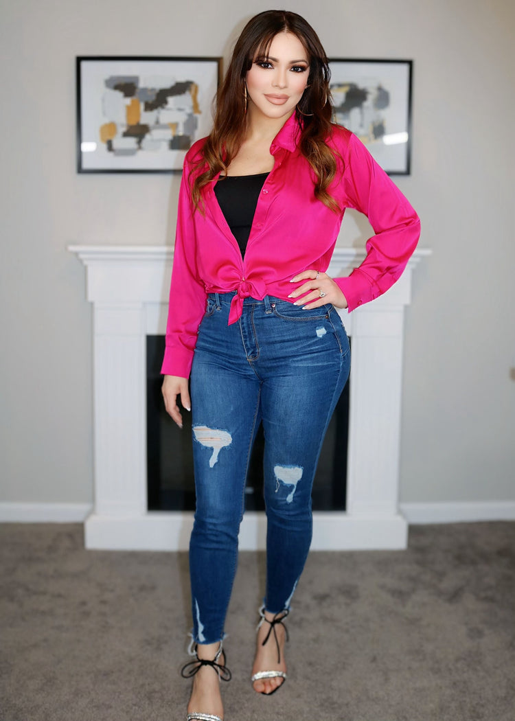 Anastasia Satin Blouse (Hot Pink) (Hot Pink) - Shirts & Tops by MunekaWear