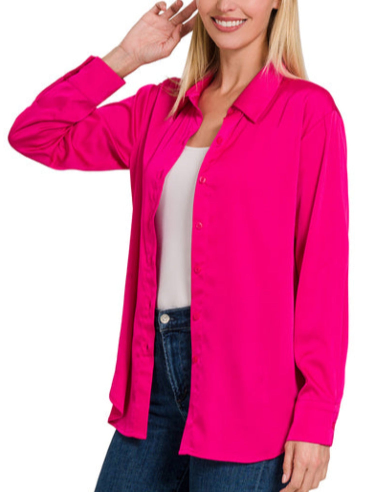 Anastasia Satin Blouse (Hot Pink) (Hot Pink) - Shirts & Tops by MunekaWear