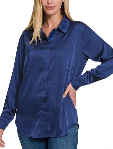 Anastasia Satin Blouse (Navy) (Navy) - Shirts & Tops by MunekaWear