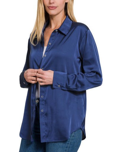 Anastasia Satin Blouse (Navy) (Navy) - Shirts & Tops by MunekaWear