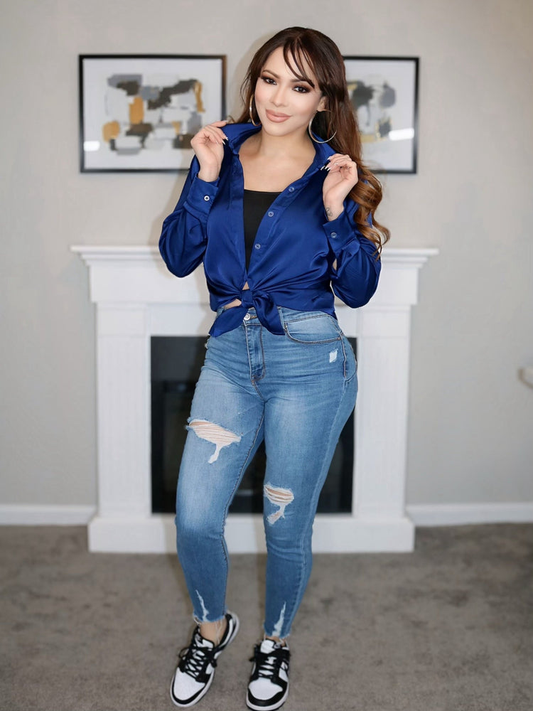 Anastasia Satin Blouse (Navy) (Navy) - Shirts & Tops by MunekaWear