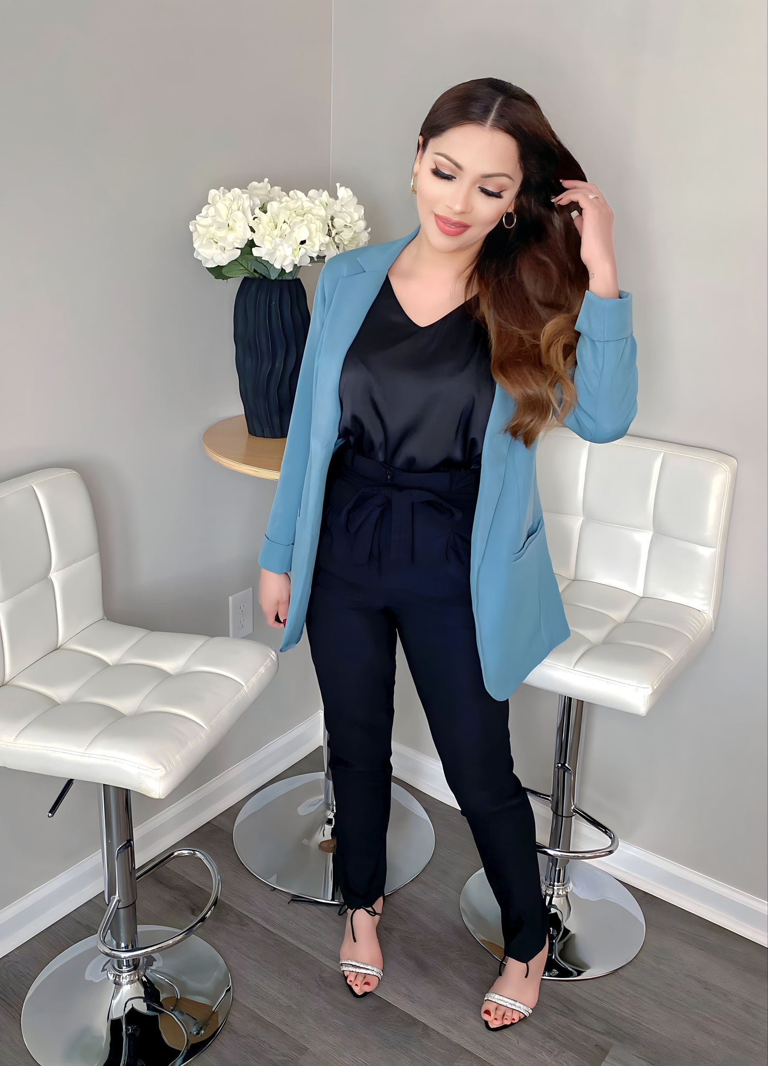 Belize Satin Lined Blazer (Blu-Grey) - by MunekaWear