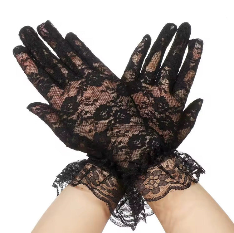 Lace Wristlet Gloves (Black) (Black) - by MunekaWear