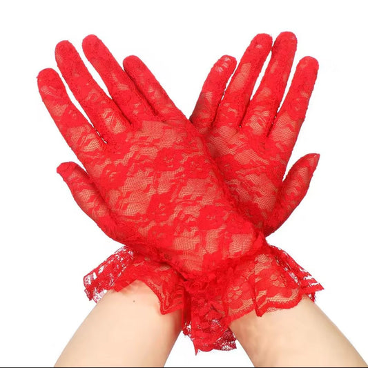 Lace Wristlet Gloves (Red) (Red) - by MunekaWear