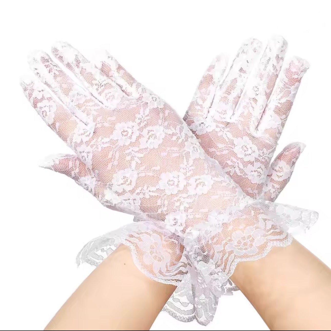 Lace Wristlet Gloves (White) (White) - by MunekaWear
