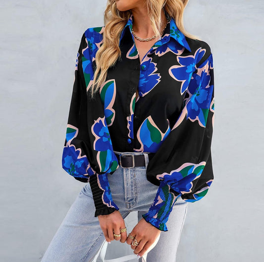 Magnolia Blouse (Blue Blossom) (Blue/Black) - Shirts & Tops by MunekaWear