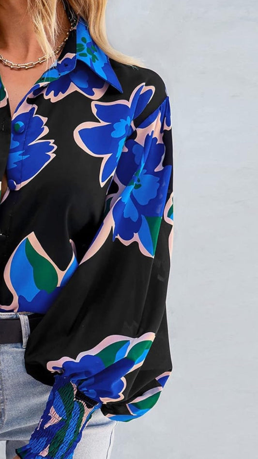 Magnolia Blouse (Blue Blossom) (Blue/Black) - Shirts & Tops by MunekaWear
