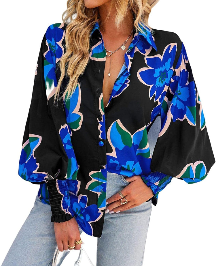 Magnolia Blouse (Blue Blossom) (Blue/Black) - Shirts & Tops by MunekaWear