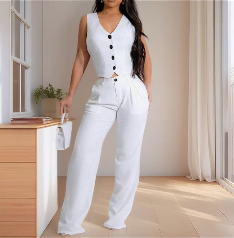 Noelle 2PC Vest Set (2 colors) (White) - by MunekaWear