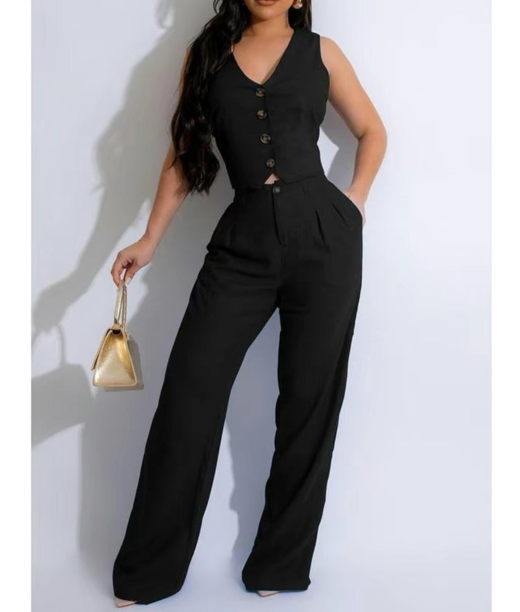Noelle 2PC Vest Set (2 colors) (Black) - by MunekaWear