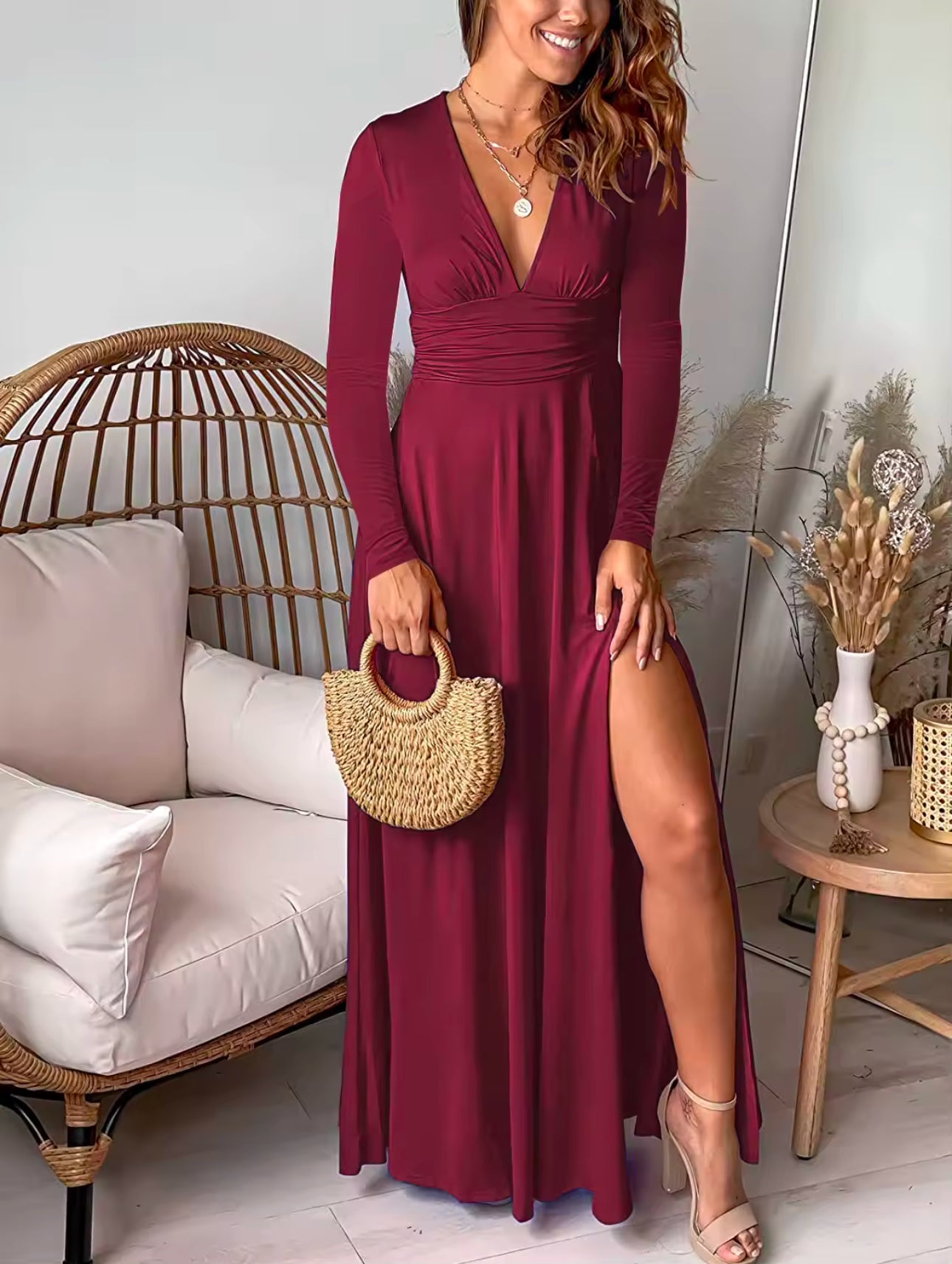 Olivia Elegant Maxi Dress (2 Colors) (Vino (Burgundy)) - Dresses by MunekaWear