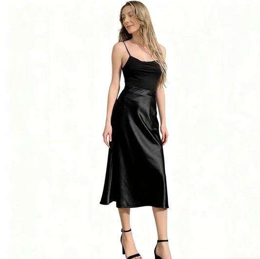 Satin Midi Skirt (Black) - by MunekaWear